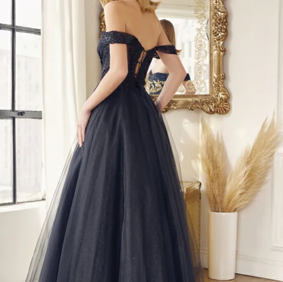 New long navy, royal, yellow, off the shoulder embroidered tulle ball gown dress - Picture 9 of 13